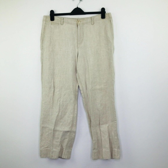 Eddie Bauer Pants - Eddie Bauer Women's 14P Pants Beige Solid Linen Straight Wide Leg Chino BW13